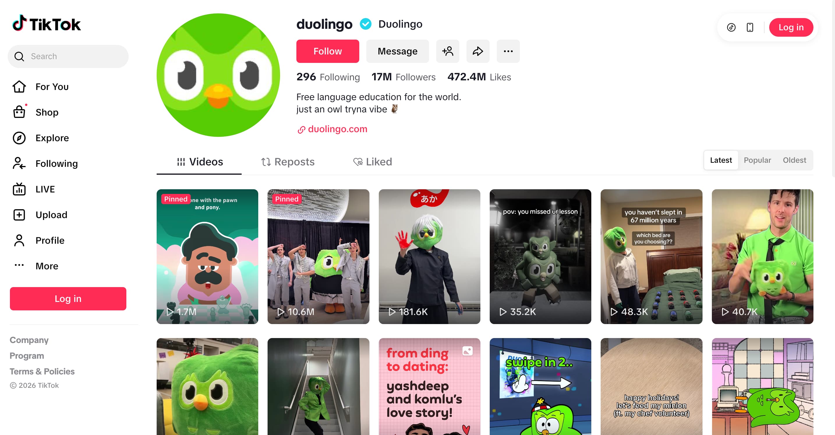 A screenshot of Duolingo's TikTok feed.