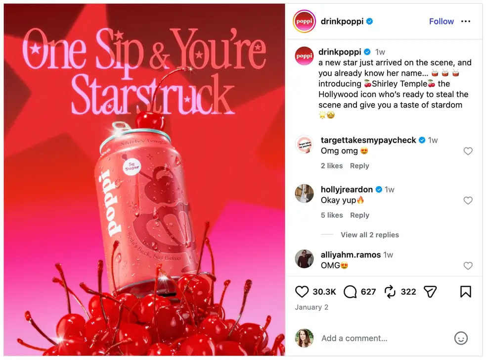 A screenshot of a branded graphic from soda brand Poppi announcing a new flavor.