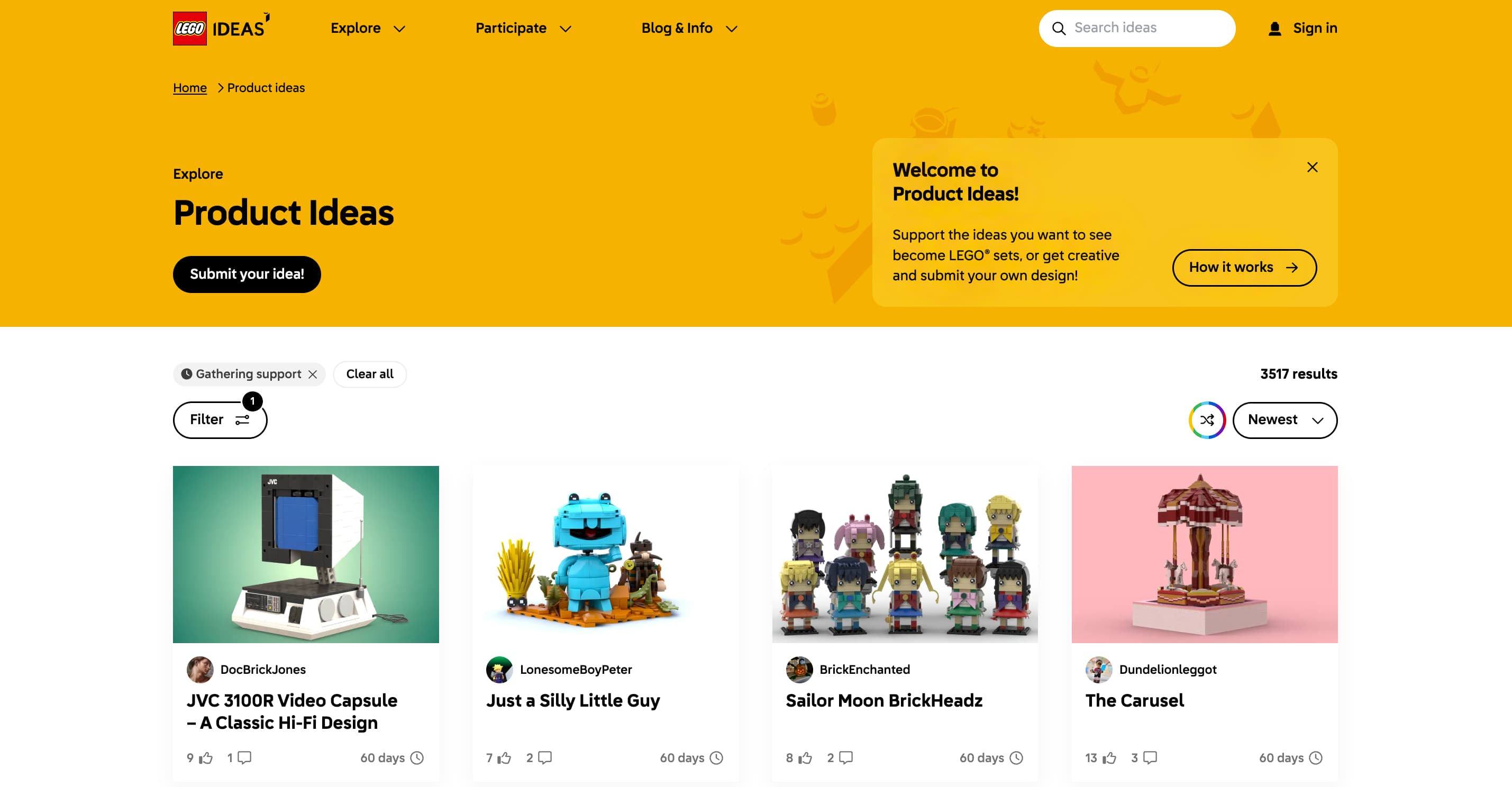 A screenshot of the Lego Ideas dashboard where users can submit Lego ideas.