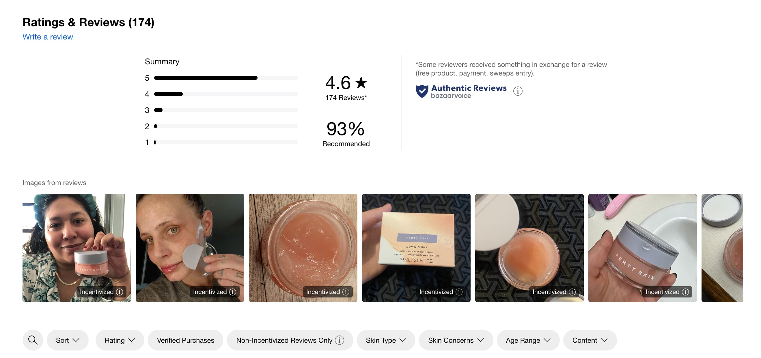 A screenshot of ratings and reviews from Sephora's website.