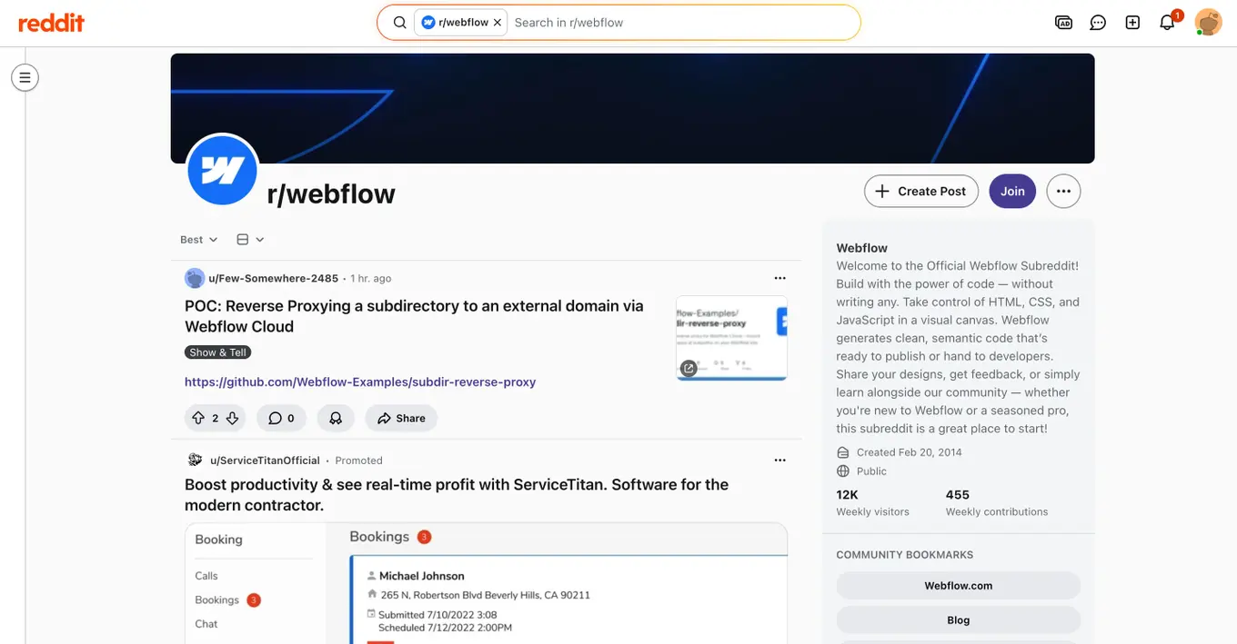 A screenshot of the Webflow subreddit.