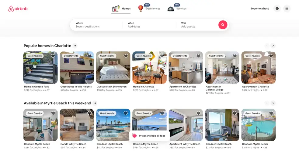 A screenshot of the Airbnb website.