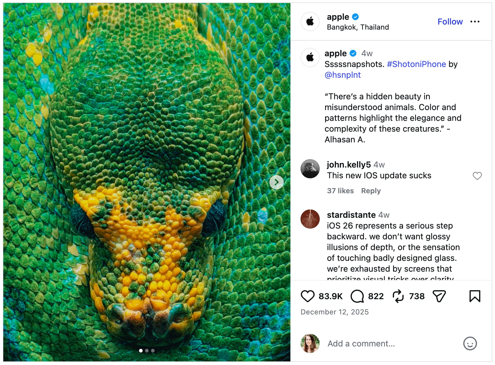 A screenshot of an Apple Instagram post sharing UGC.