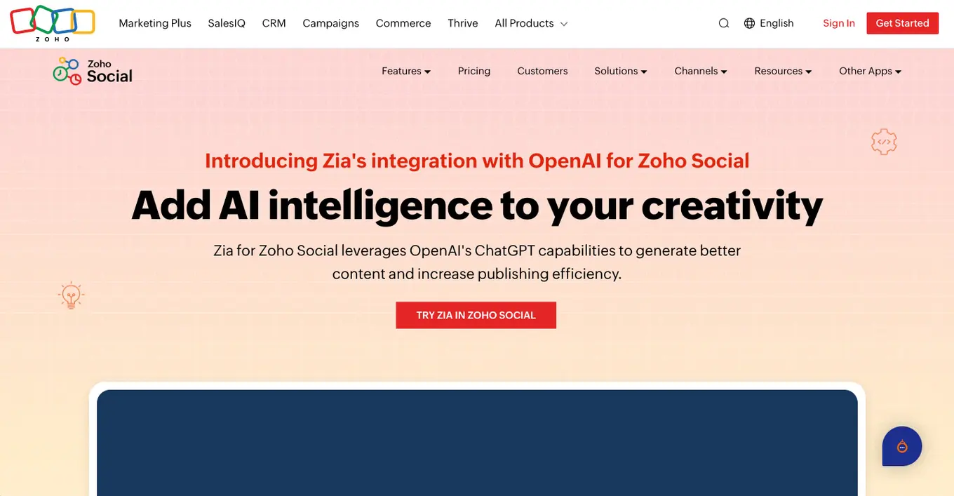 Zoho Social's AI assistant landing page.