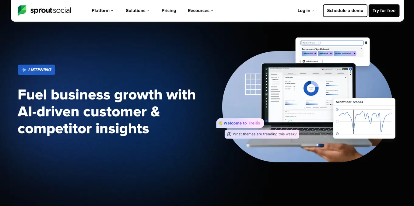 AI social listening platform Sprout Social's website.