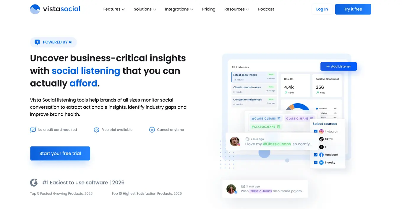 AI social listening platform Vista Social's website.