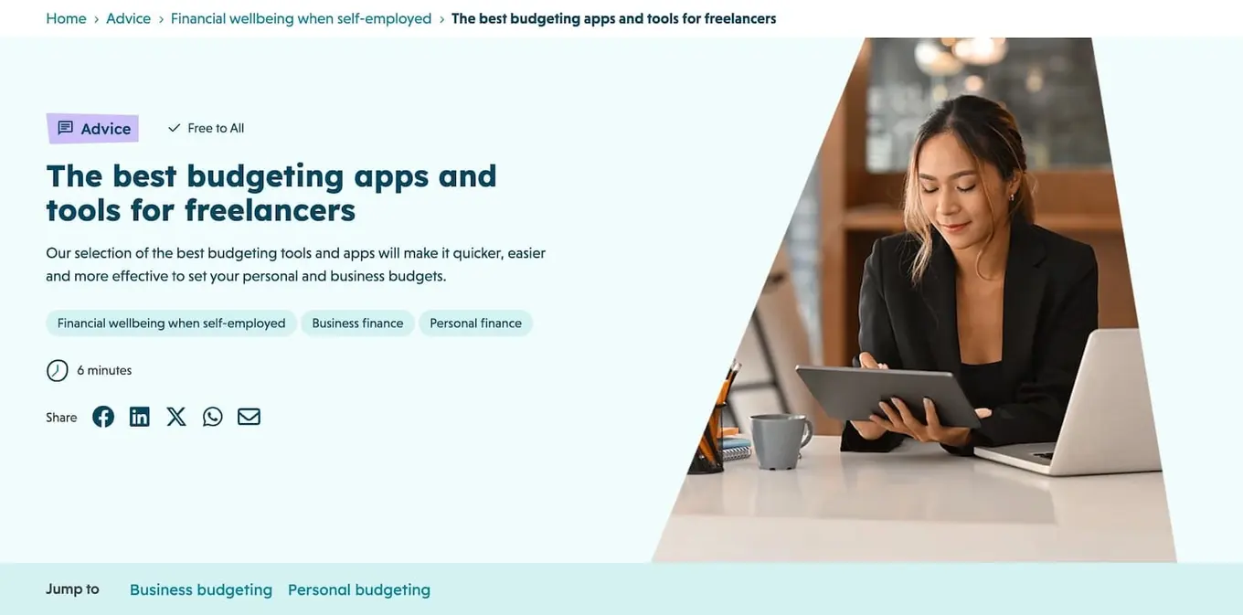 A screenshot of a blog post rounding up budgeting apps for freelancers.