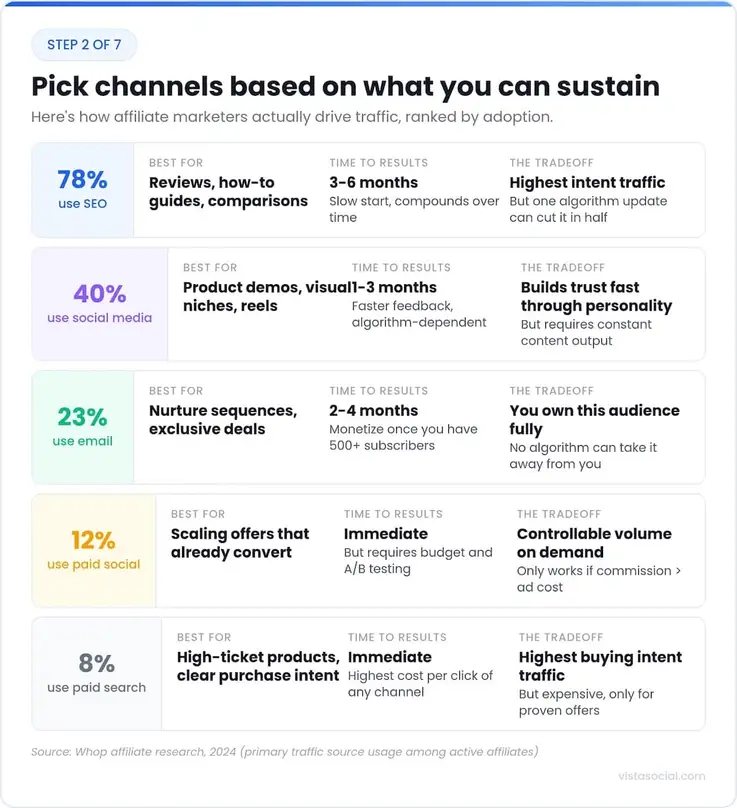 An infographic covering affiliate marketing channels to choose from.