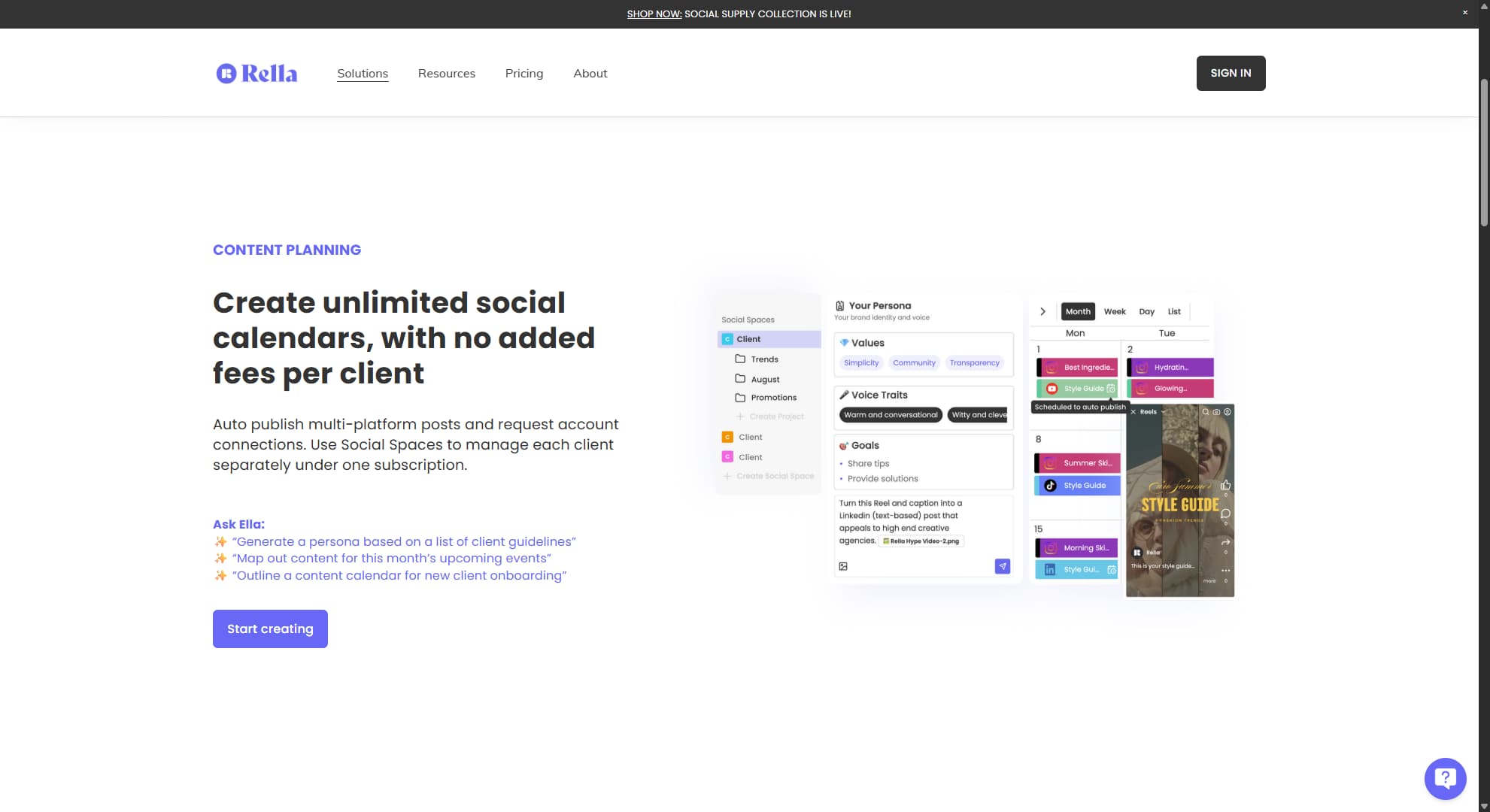 Hootsuite alternative Rella's website.
