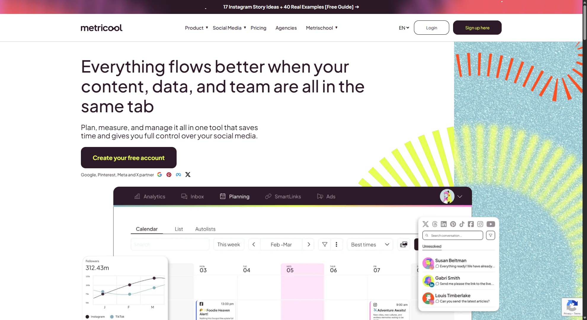 Hootsuite alternative Metricool's website.