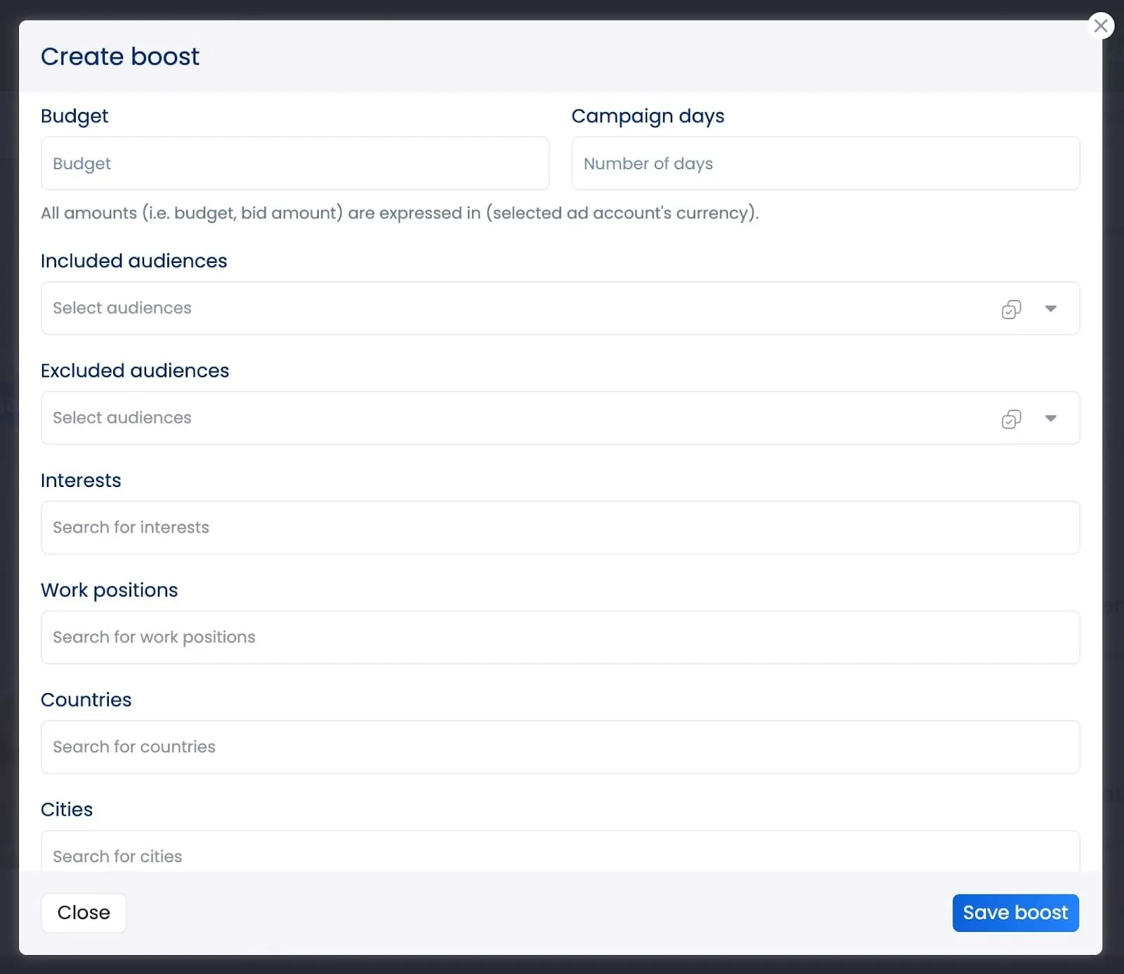A screenshot of the boost settings available in Vista Social.