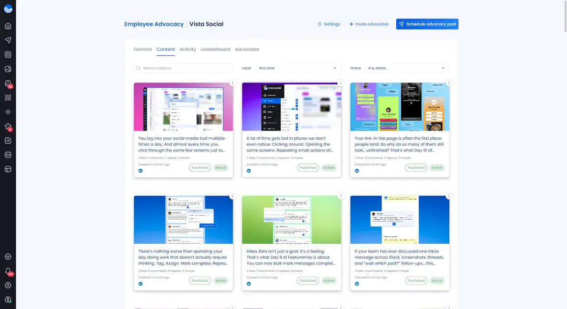 The employee advocacy dashboard in Vista Social.