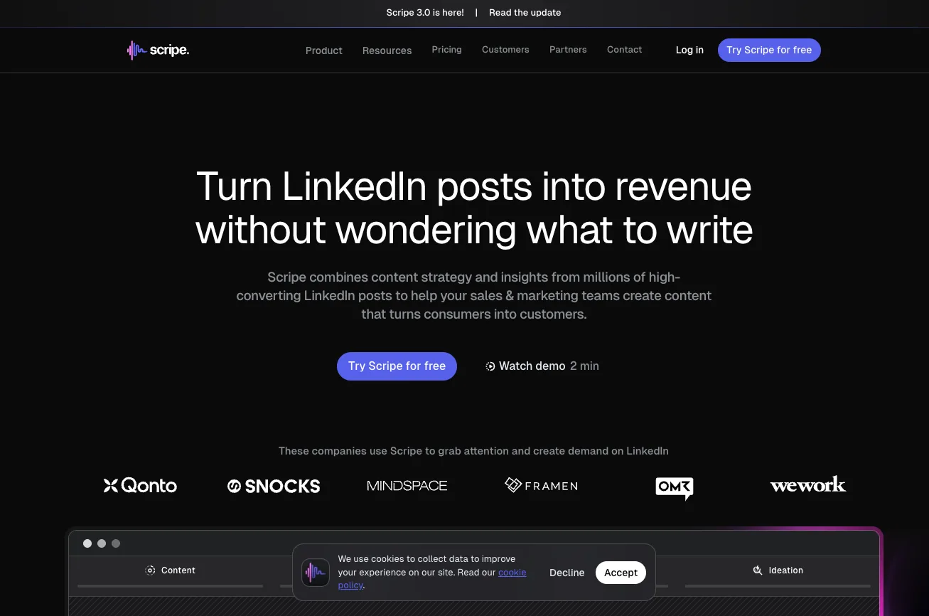 LinkedIn AI tool Scripe's website.