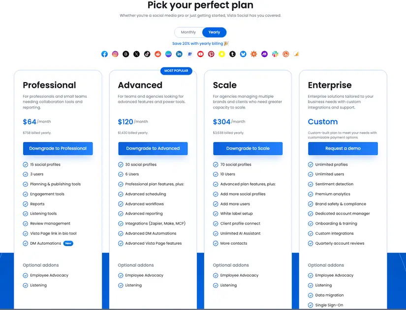 LinkedIn AI tool Vista Social's pricing page.