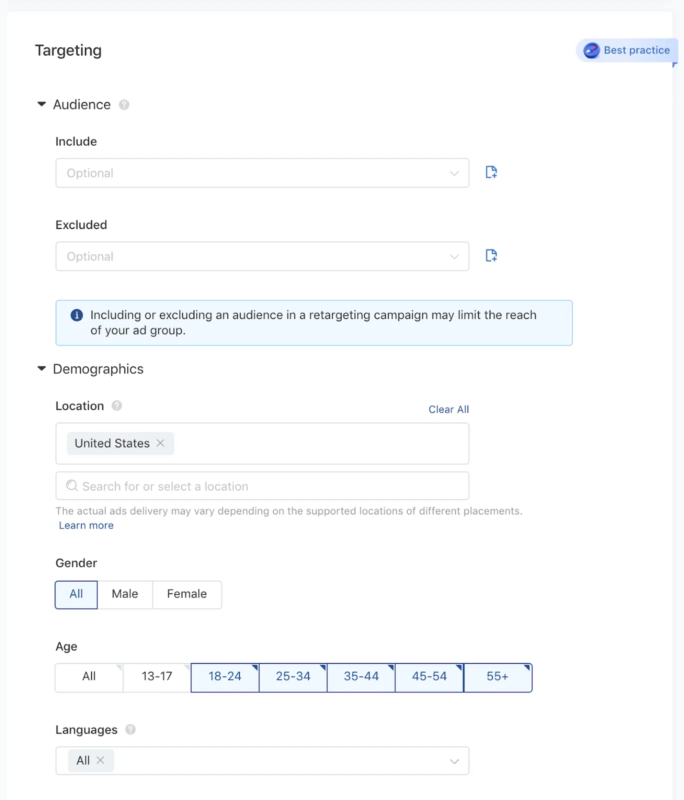A screenshot of the TikTok ad targeting interface.