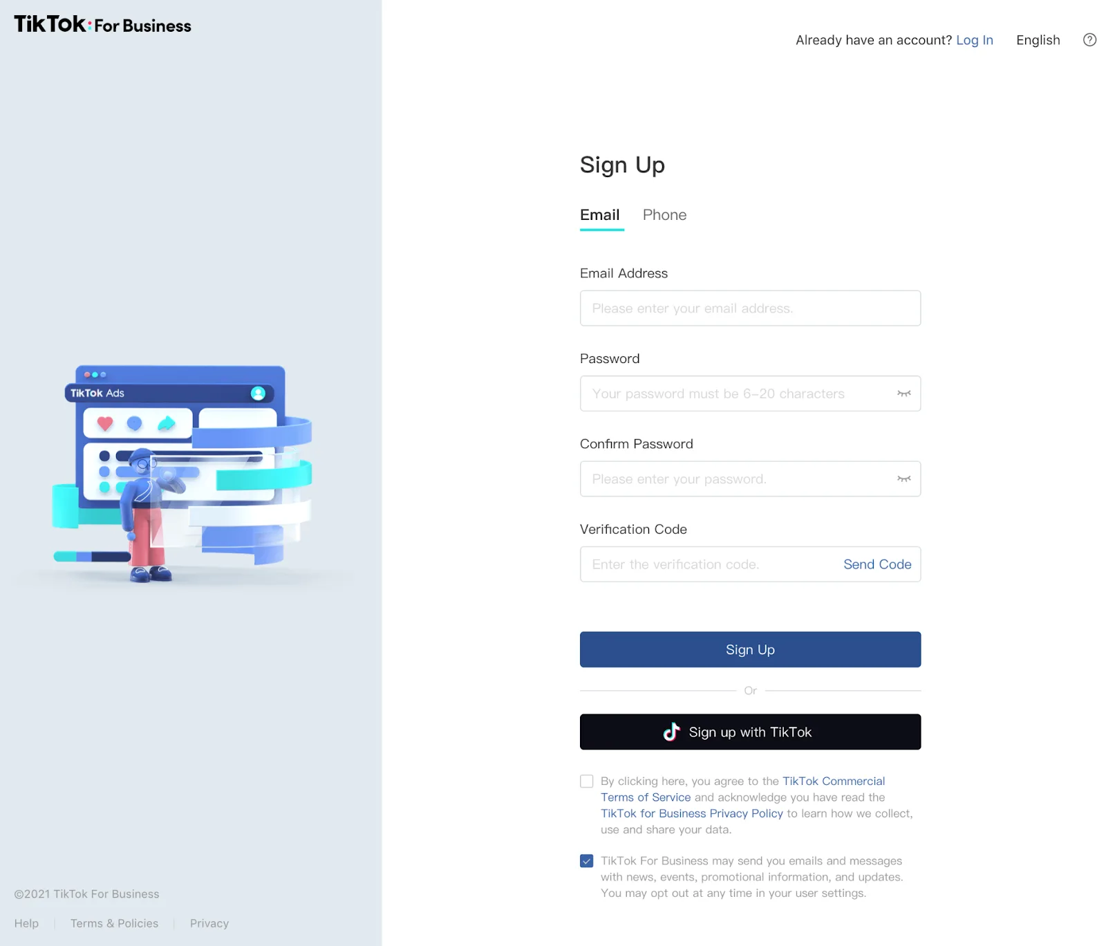 A screenshot of the TikTok for business signup screen.