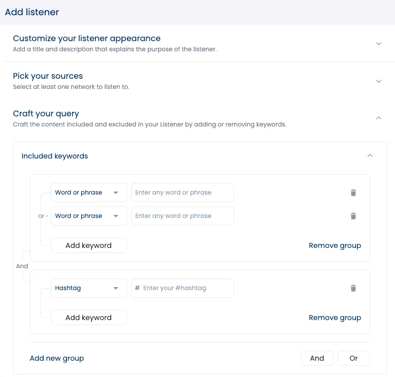 The interface for creating a new listener and adding your keywords to track in Vista Social.