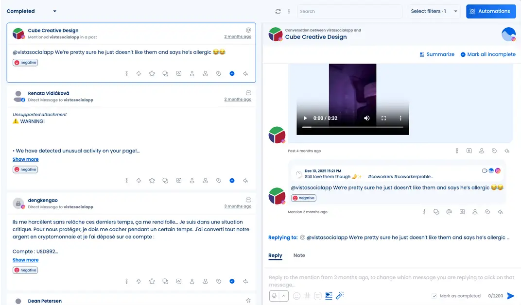 A screenshot showcasing sentiment of different online mentions in Vista Social.