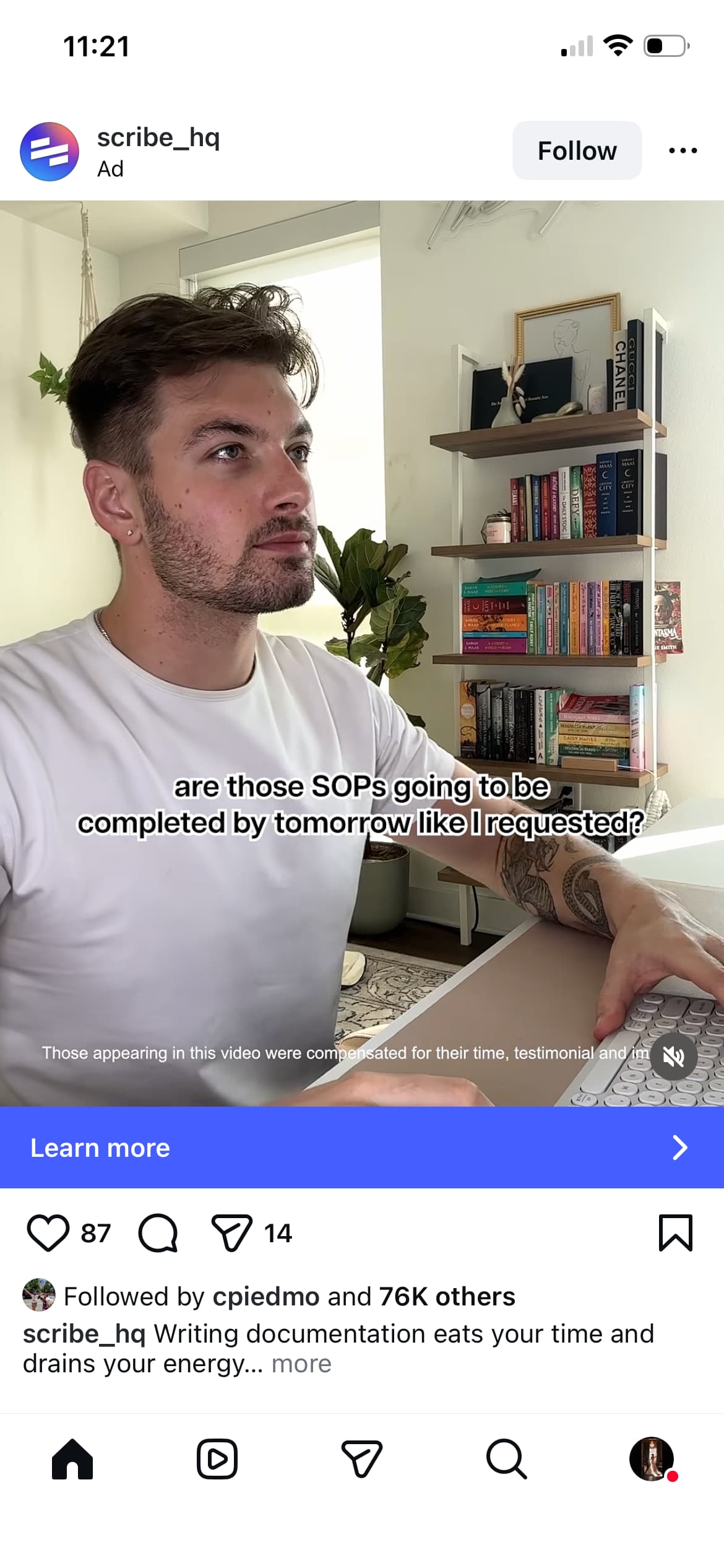 A screenshot of a video ad example on Instagram.