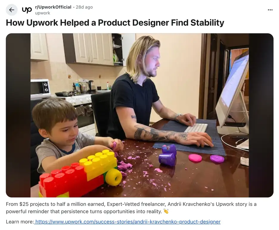 An example of a case study being shared to Reddit by Upwork.