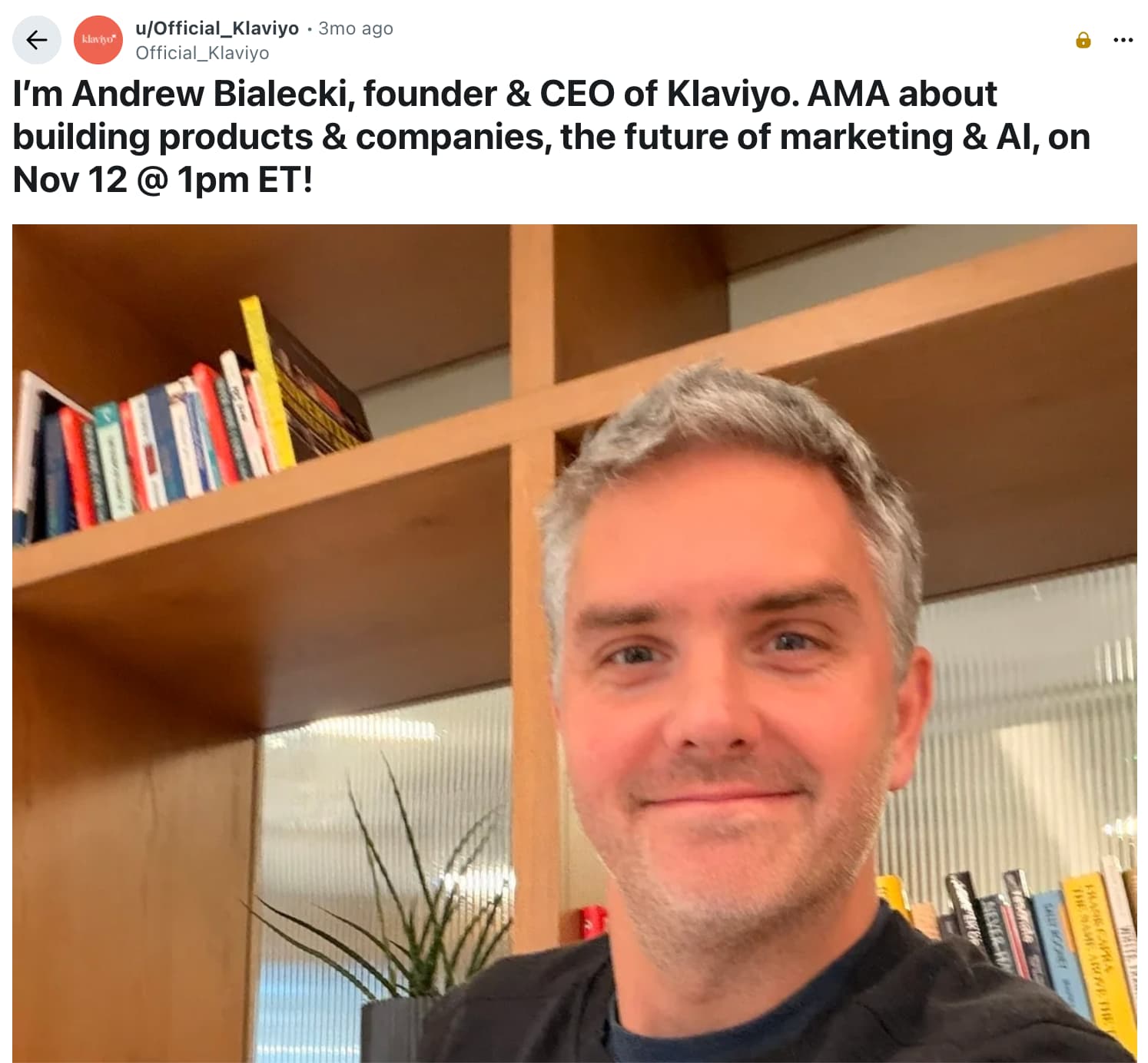 An example of an AMA Reddit post by Klaviyo.