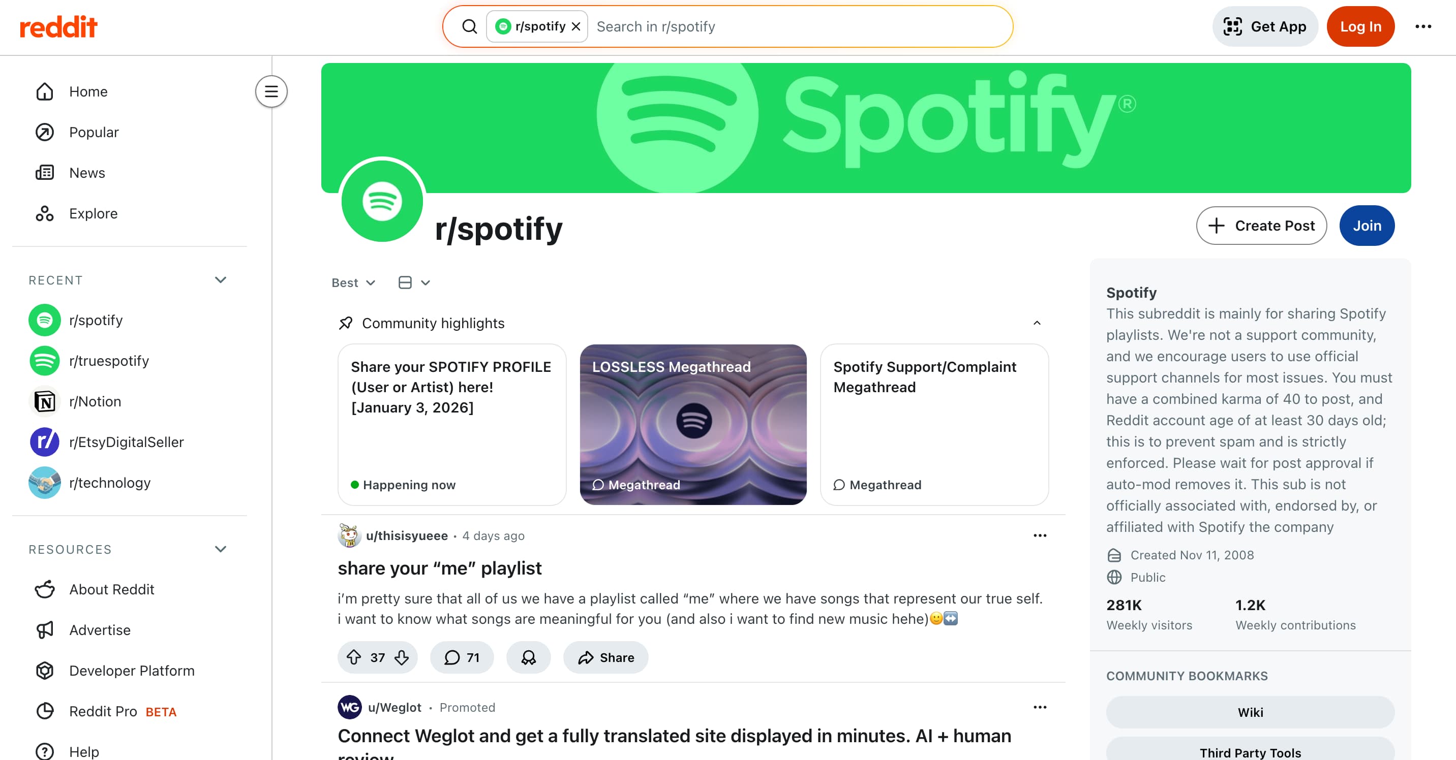 The r/Spotify subreddit.