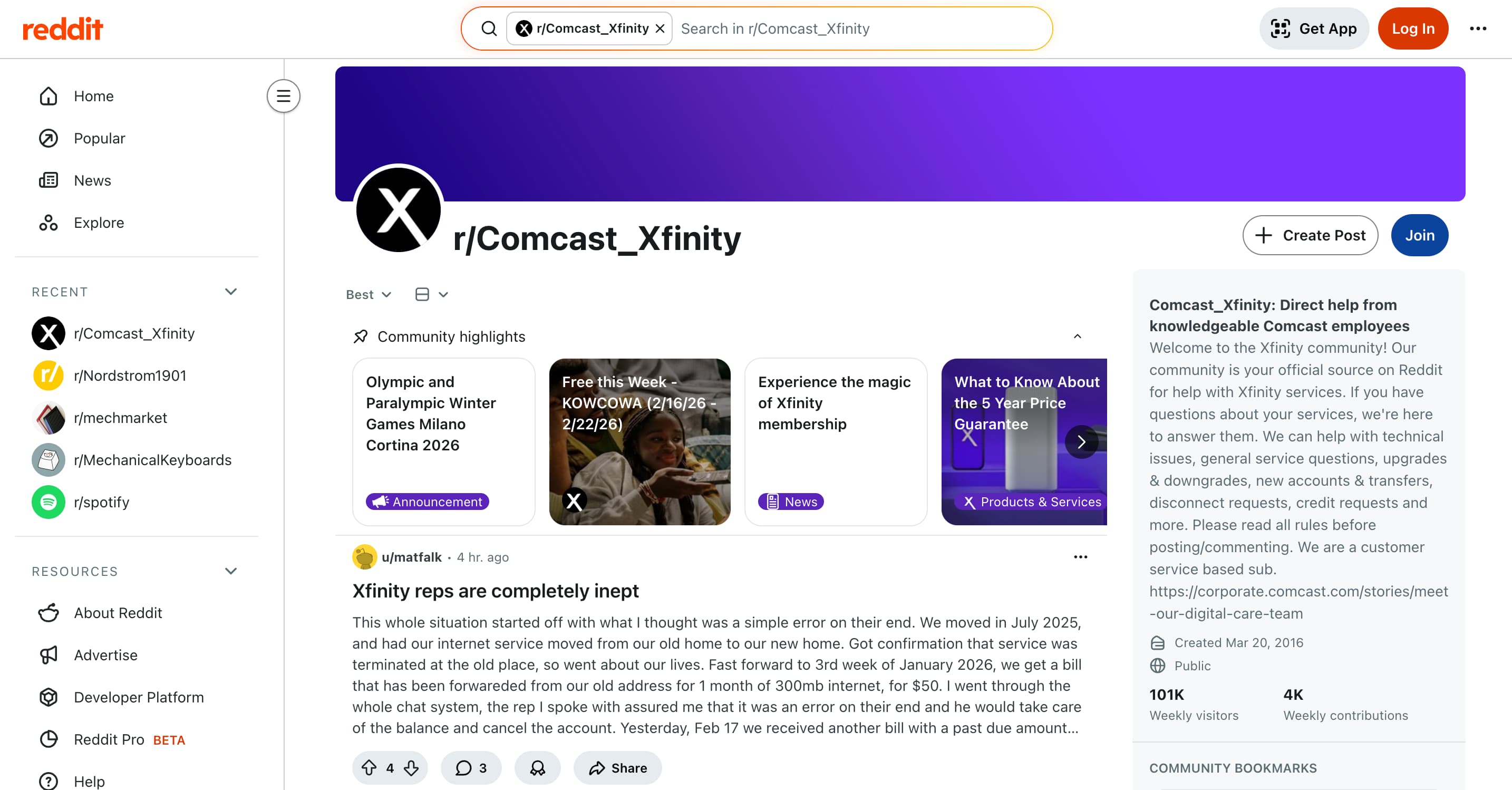 The r/Comcast_Xfinity subreddit.