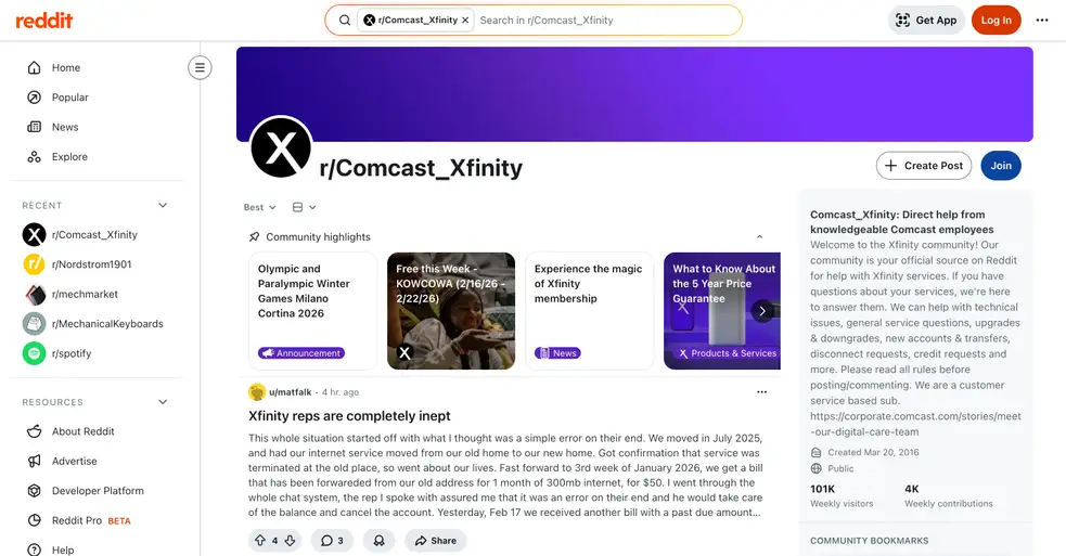 The r/Comcast_Xfinity subreddit.