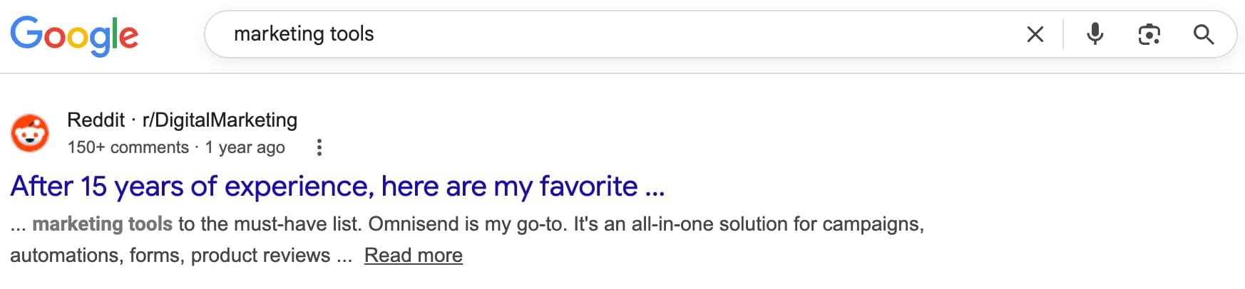 A Reddit post appearing in search results for the query "marketing tools."