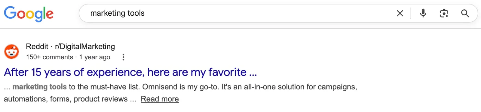A Reddit post appearing in search results for the query "marketing tools."