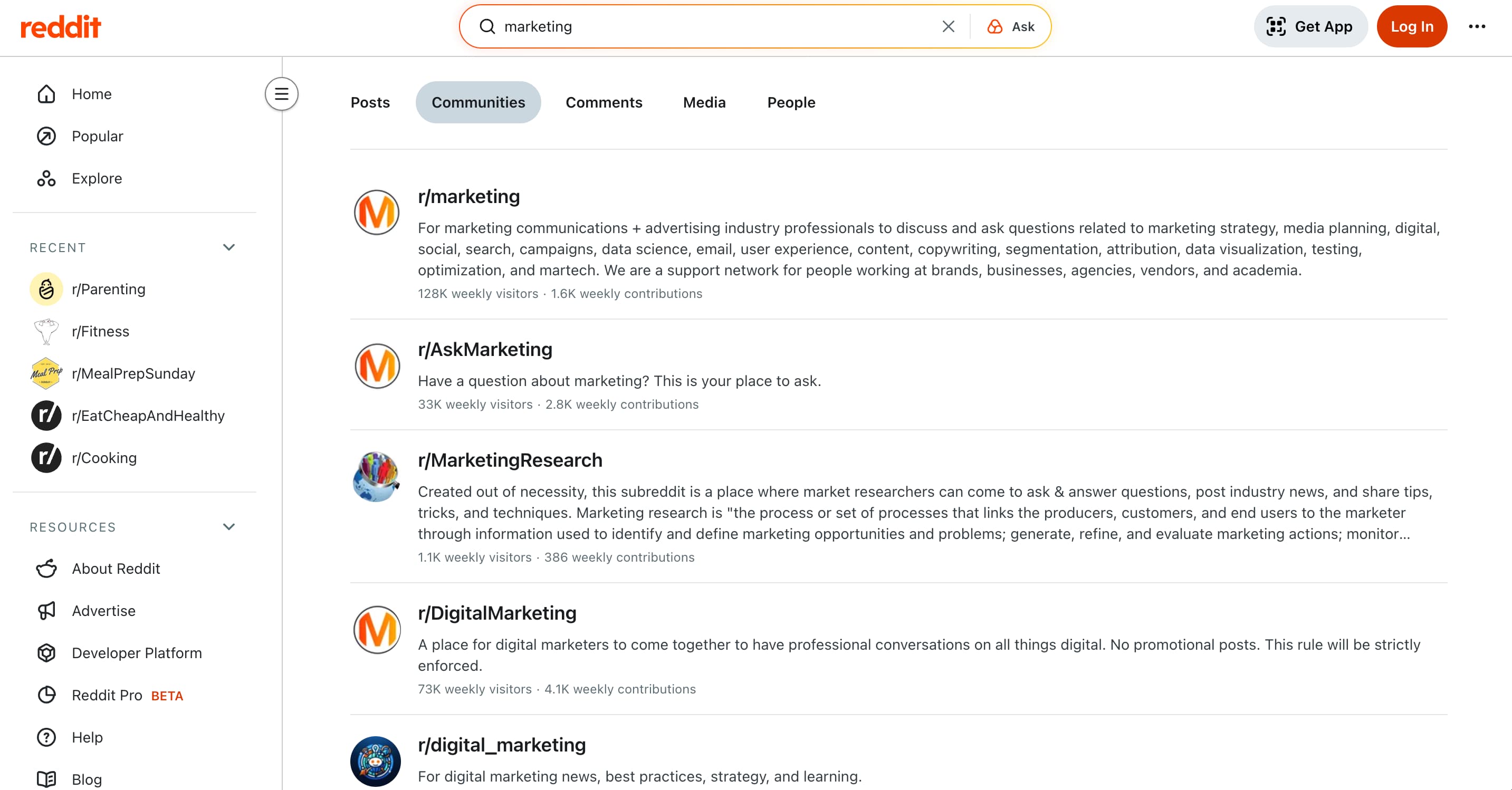Search results on Reddit for "marketing."