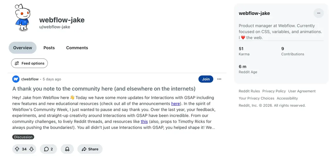 A Reddit user that represents the brand Webflow.