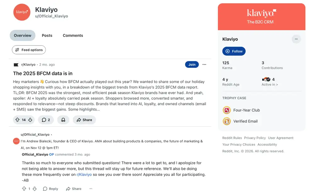 The profile for Klaviyo's official brand Reddit account.