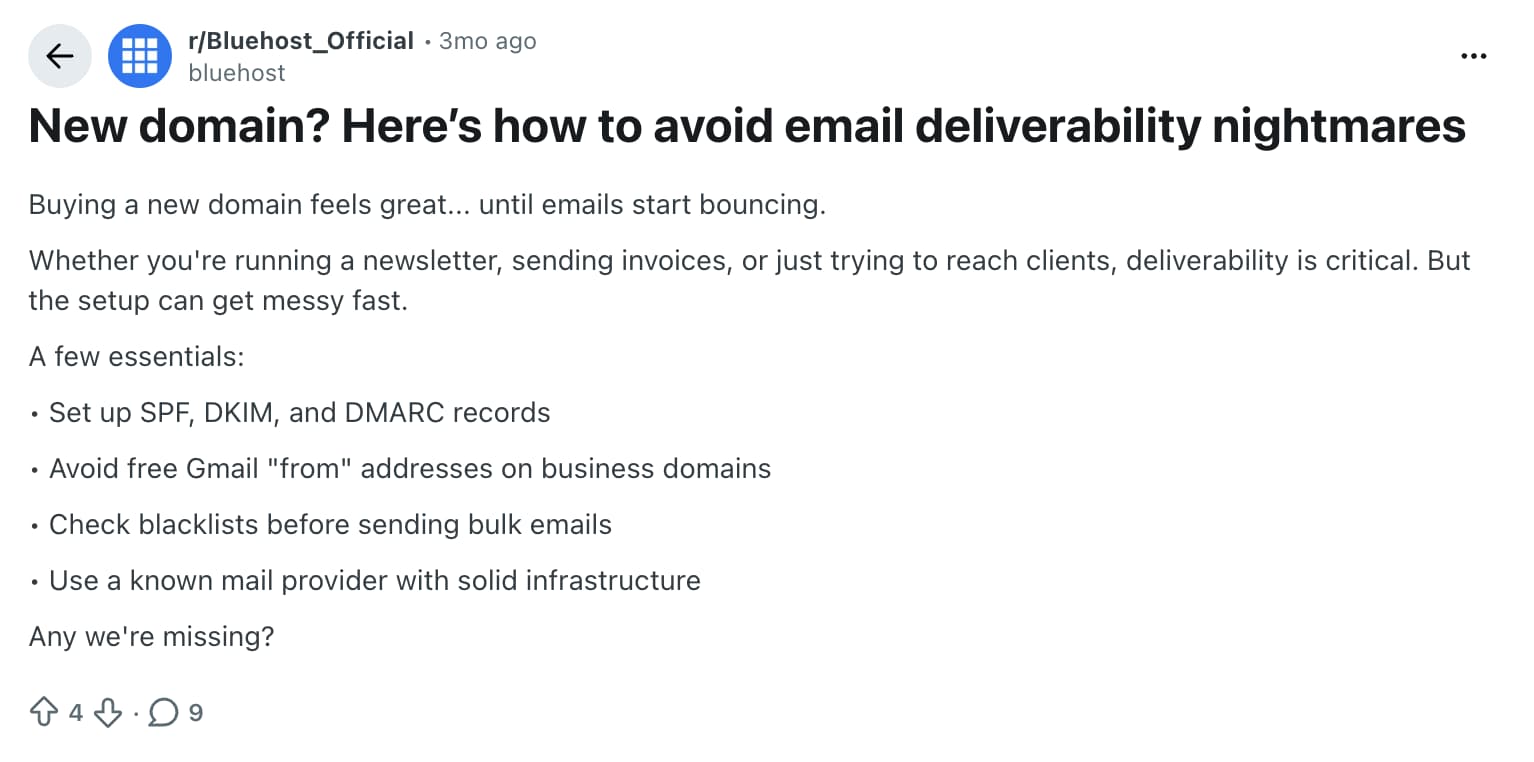 An example of an educational Reddit post from Bluehost.