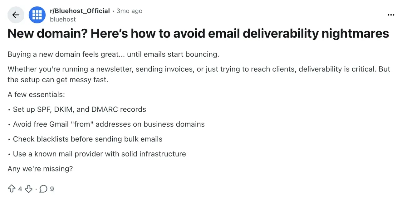 An example of an educational Reddit post from Bluehost.