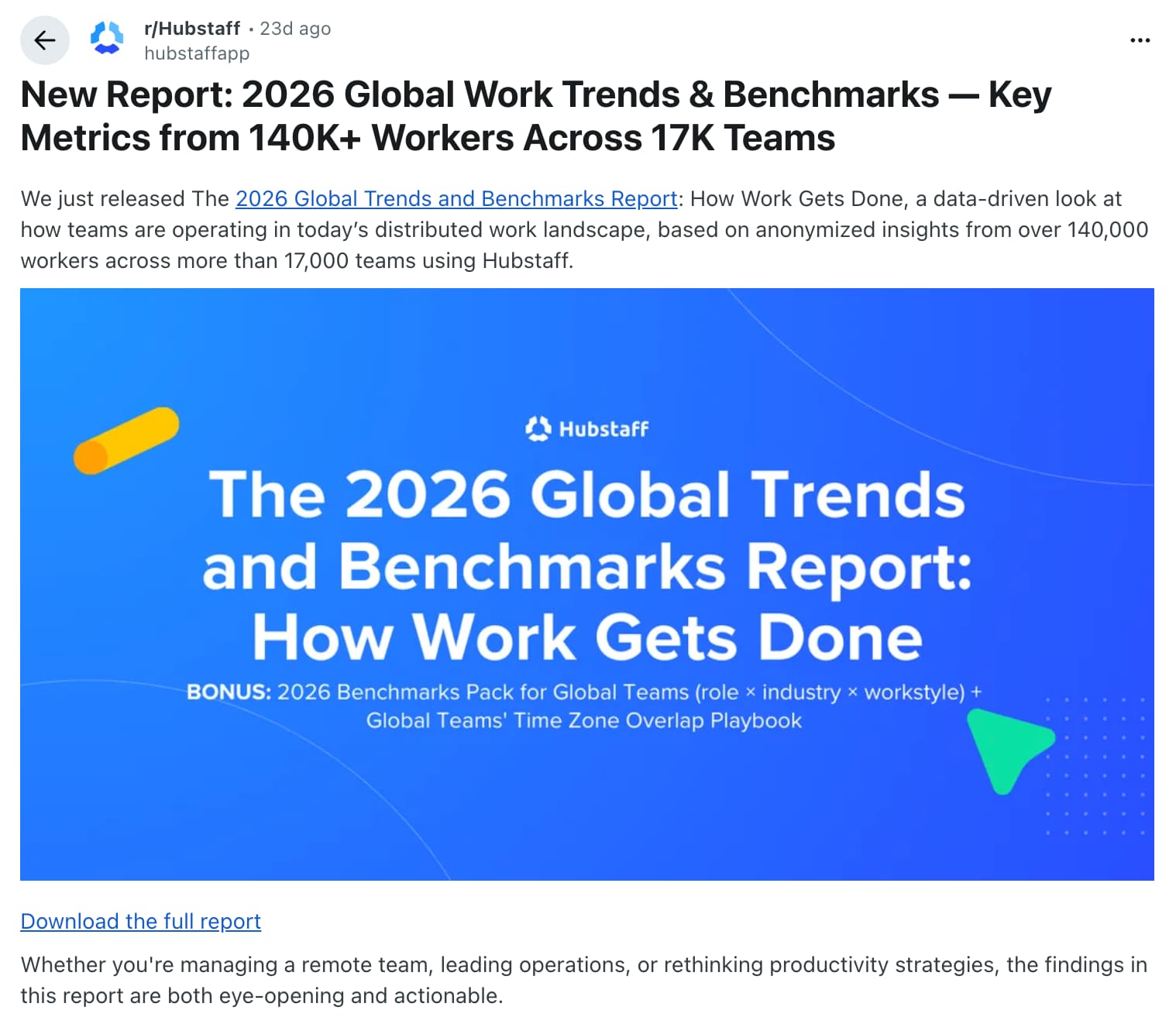 An example of a Reddit post sharing original data/research from Hubstaff.