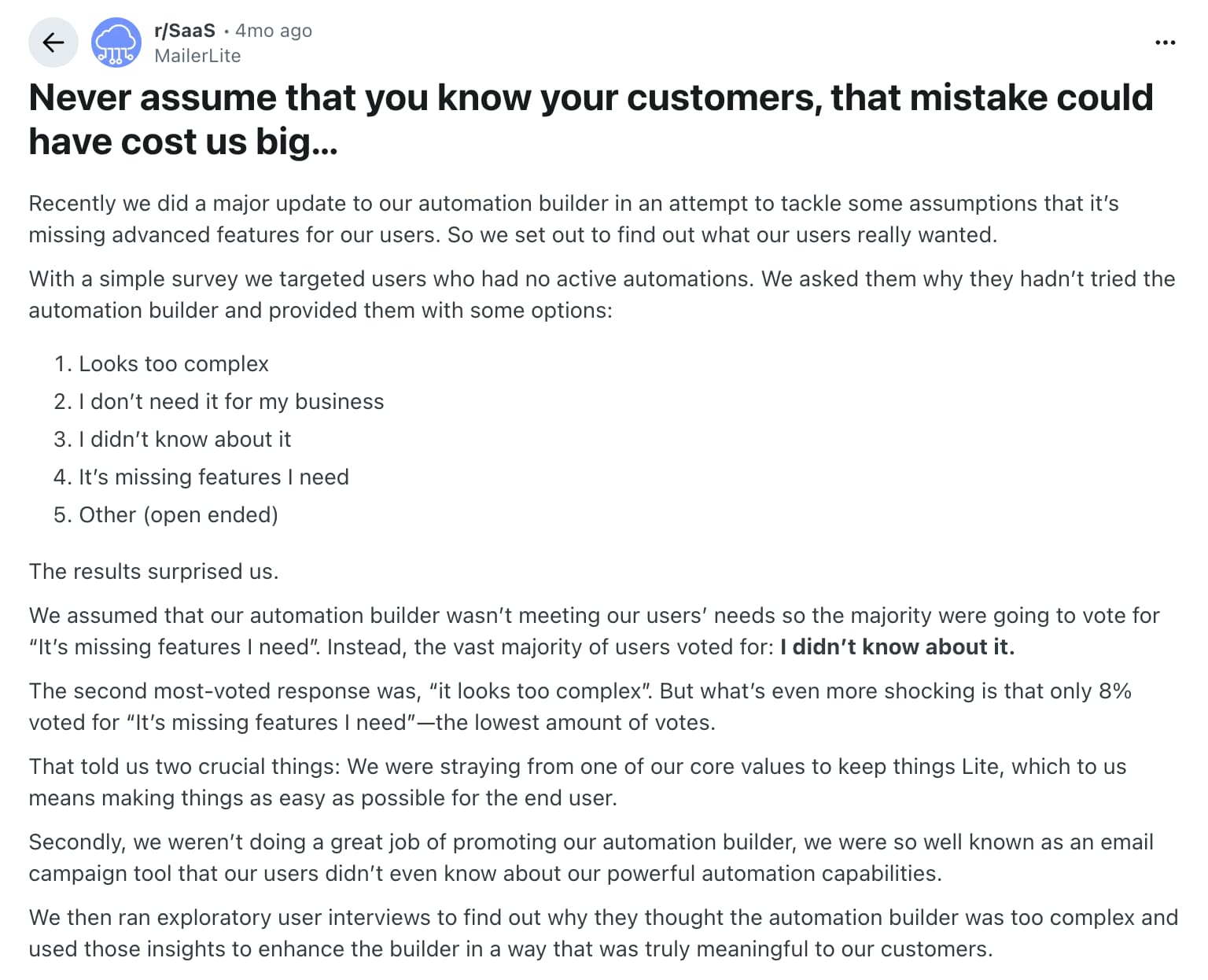 An example of a behind-the-scenes type Reddit post from MailerLite.