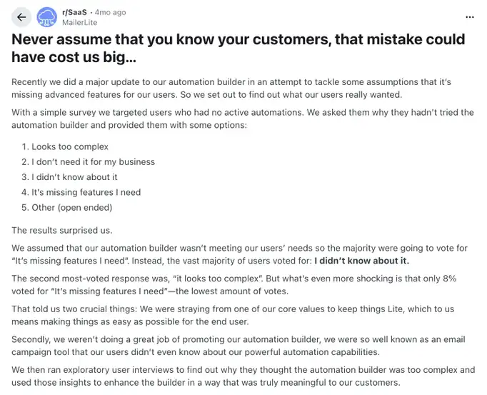 An example of a behind-the-scenes type Reddit post from MailerLite.