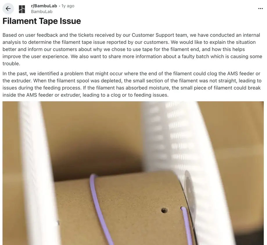 An example of a Reddit post sharing customer feedback from Bambu Labs.