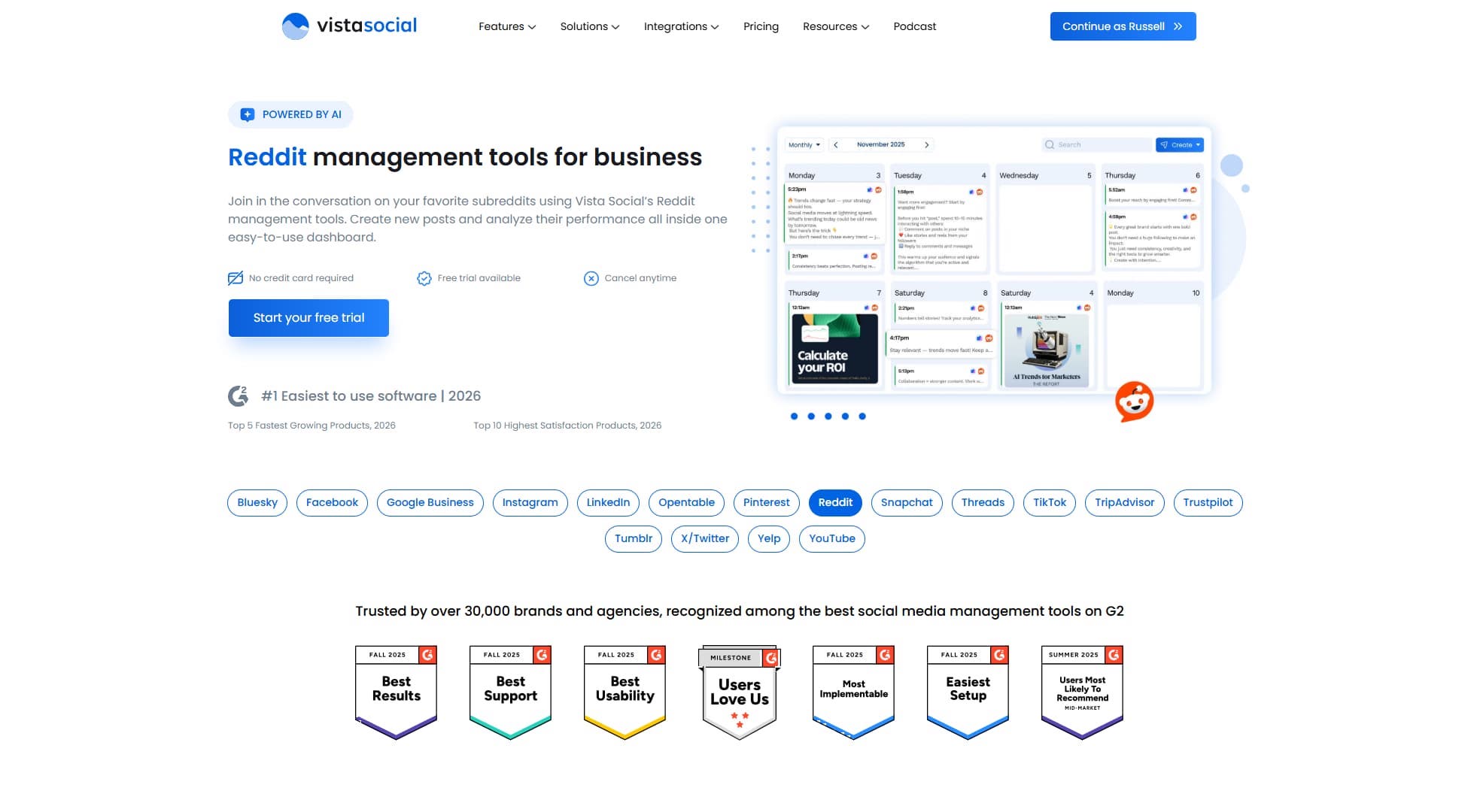 Reddit marketing tool Vista Social's website.