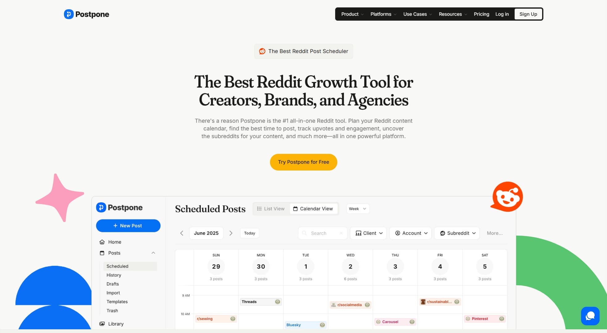 Reddit marketing tool Postpone's website.