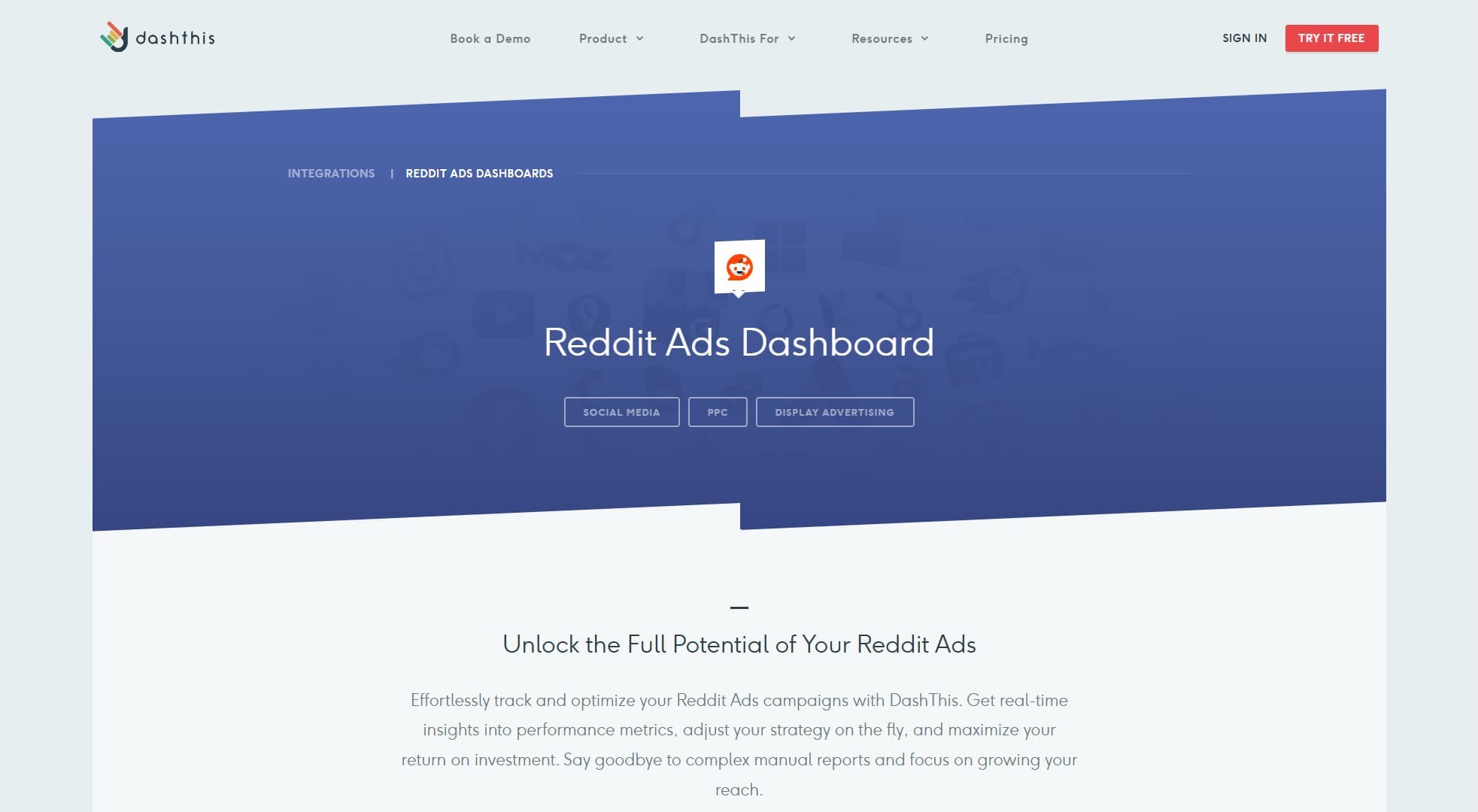 Reddit marketing tool DashThis's website.