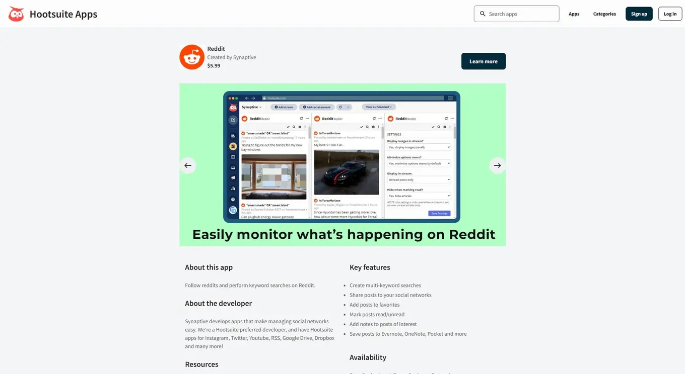Reddit marketing tool Synaptive for Hootsuite's app add-on website.