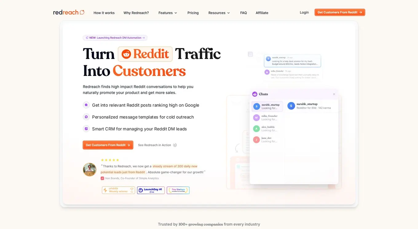 Reddit marketing tool Redreach's website.