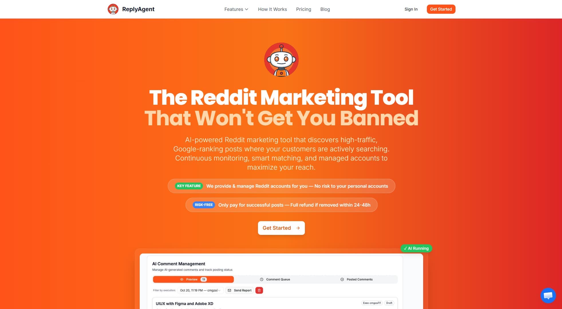 Reddit marketing tool ReplyAgent.ai's website.