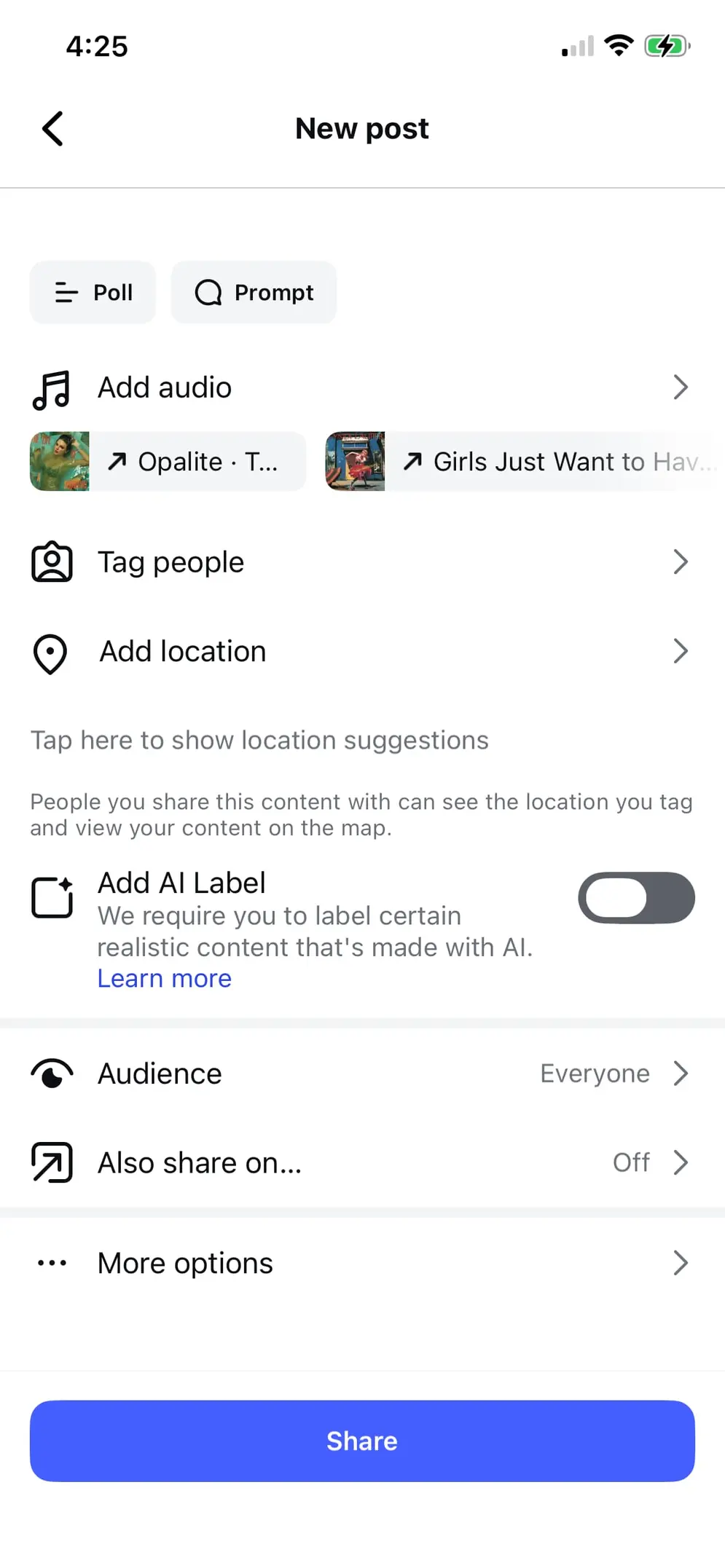A screenshot showing where to find alt text while sharing an Instagram post.