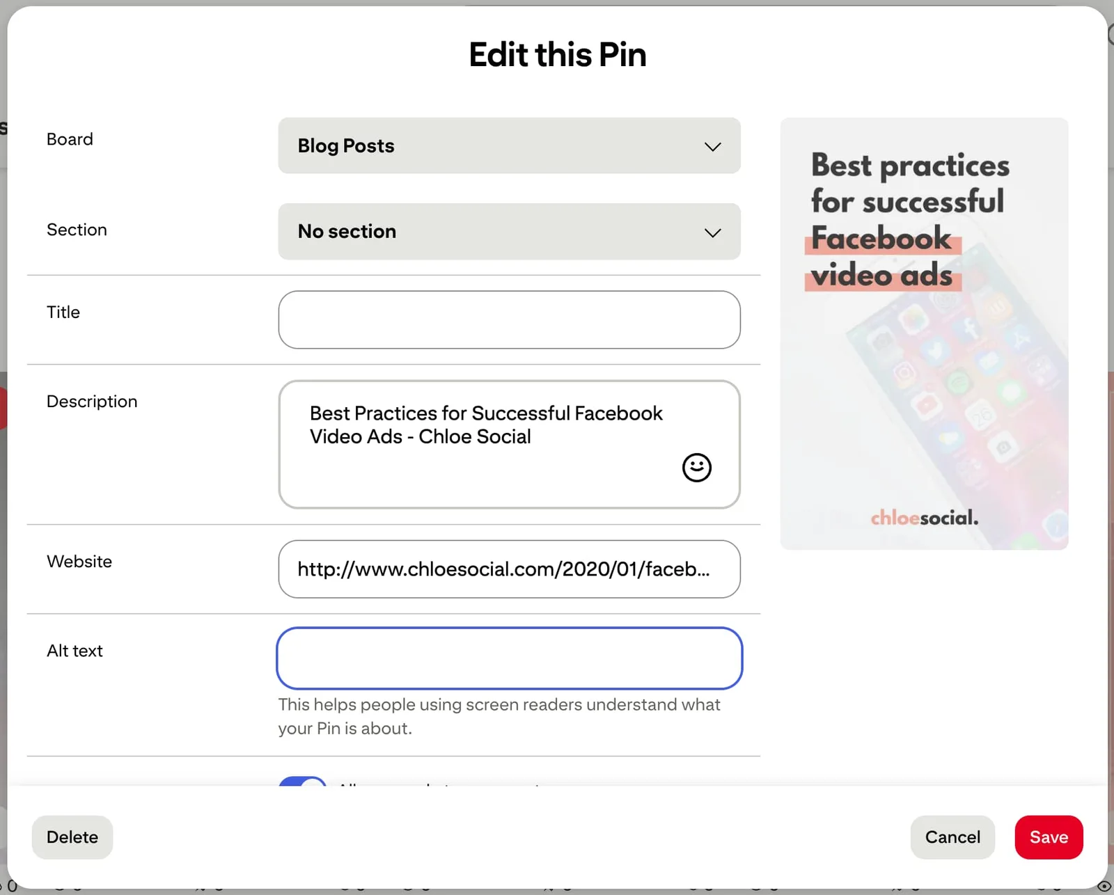 A screenshot showing where to add alt text to a Pinterest pin.