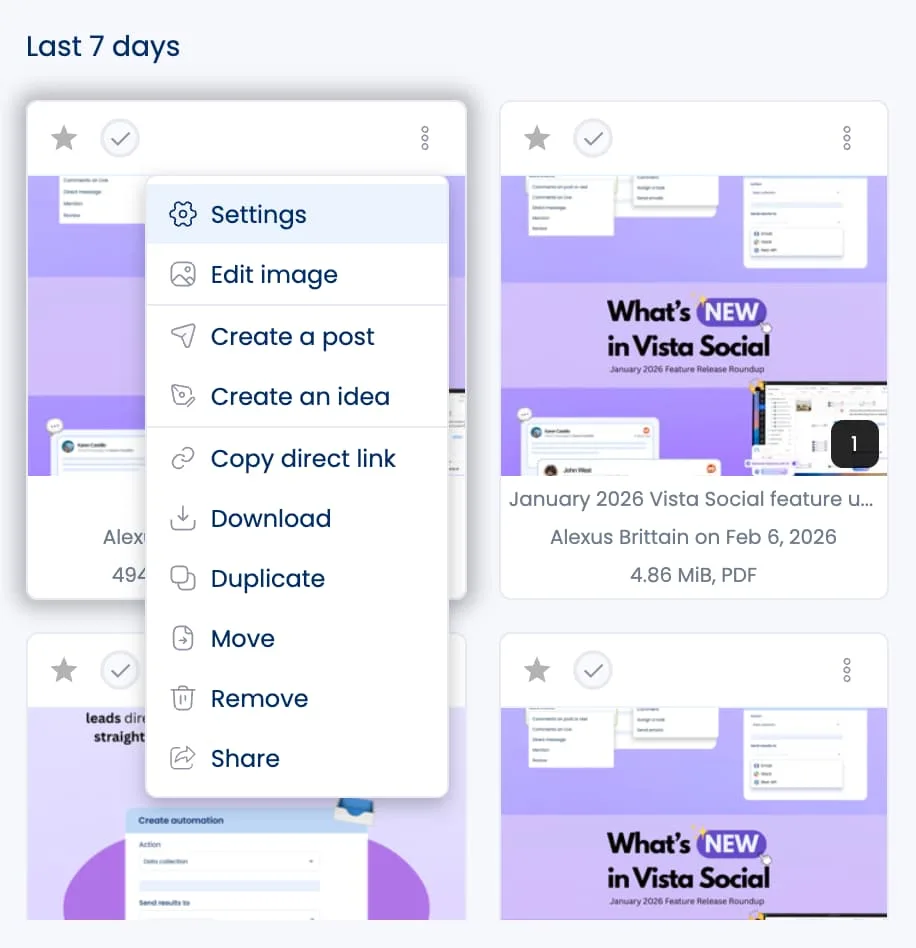 A screenshot showing how to access your Vista Social media library image settings to add alt text.