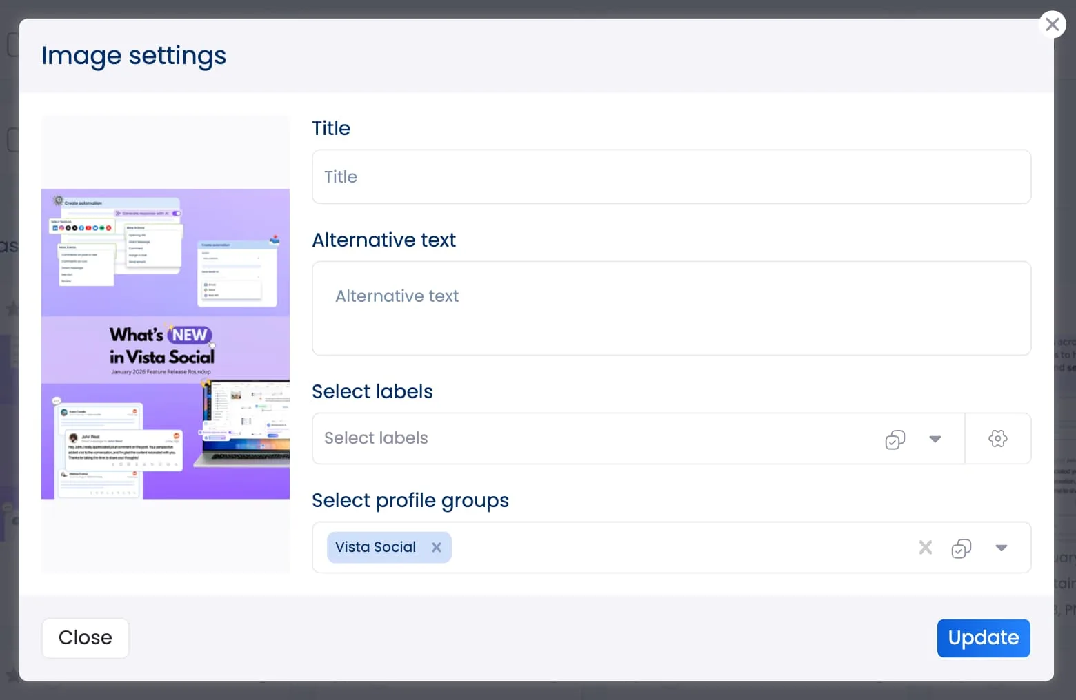 The image settings for images in Vista Social's media library.