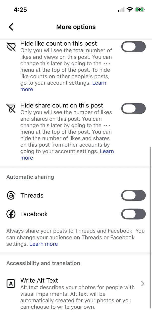 A screenshot showcasing the "Write Alt Text" option on an Instagram post.